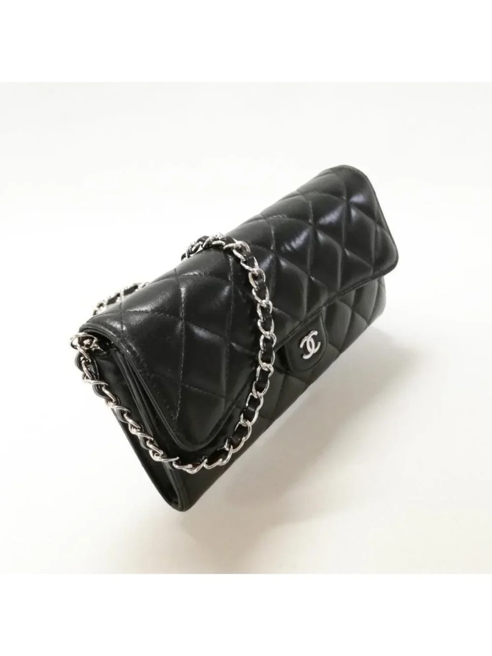 Chanel Lambskin Quilted Wallet Black Silver